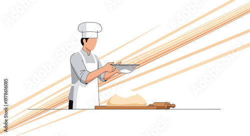 Minimalist baker illustration preparing dough with flour and rolling pin in kitchen studio