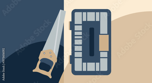 Minimalist carpentry illustration with saw and toolbox, showcasing construction and woodwork