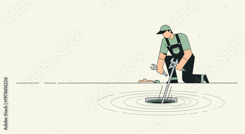 Minimalist illustration of a plumber kneeling with wrenches working on a drain maintenance