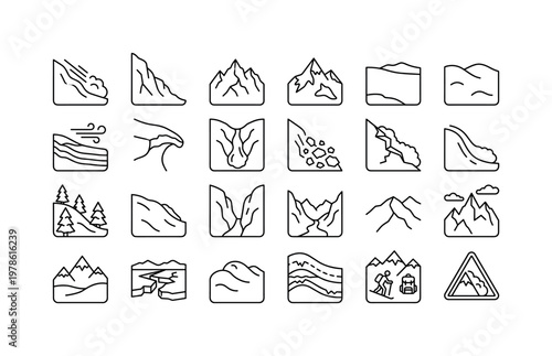 Avalanche environments with snowy slopes backcountry terrain mountain faces and winter hazard landscapes clean monoline outline
