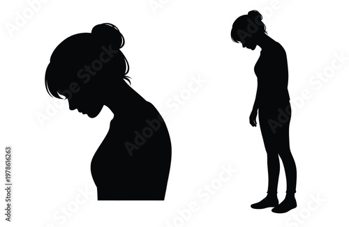 Thoughtful young woman side profile silhouette with bun hairstyle, head lowered in calm, pensive pose isolated on white background