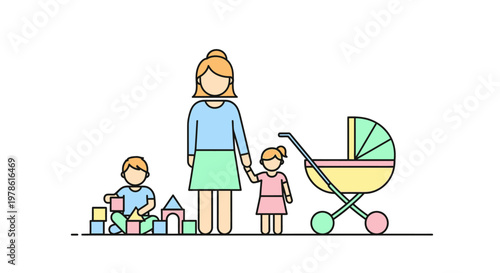 Mother with children and baby stroller.