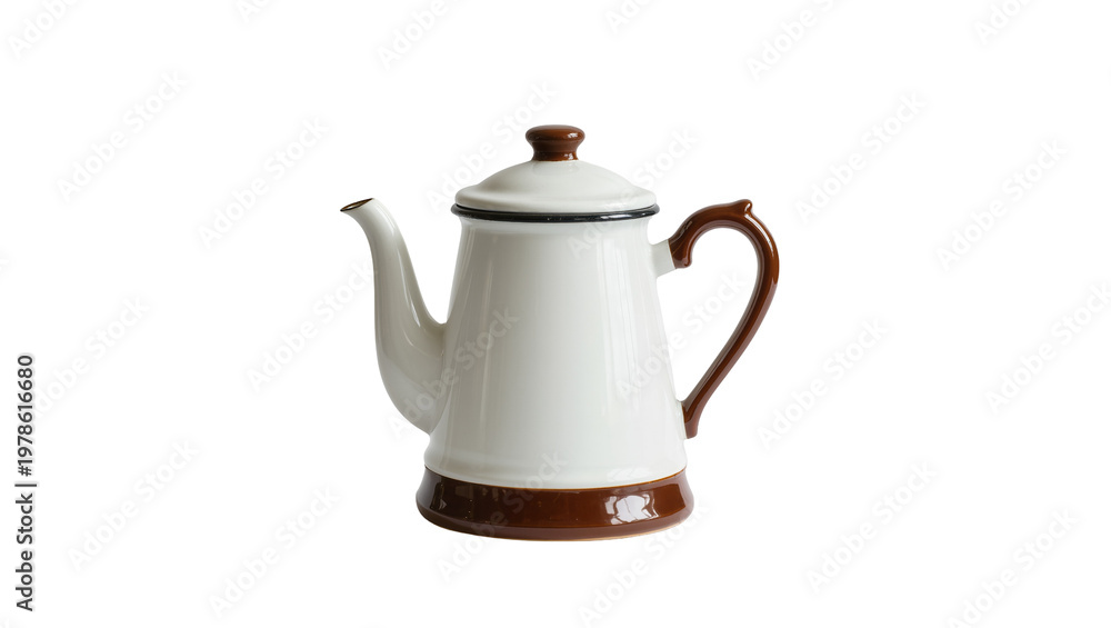Fototapeta premium Enamel coffee pot with brown accents, isolated on transparent background