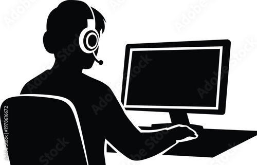 silhouette person with headphones using computer black and white description stark black and white silhouette depicts