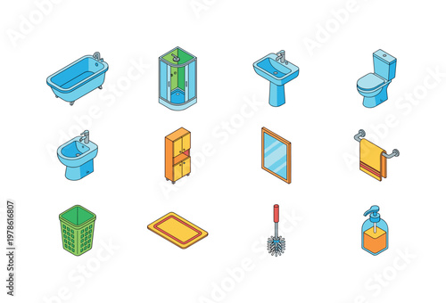 Collection of isometric bathroom icons for interior design and hygiene concepts