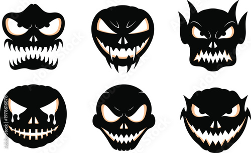 Black silhouette vector illustrations of demonic monster faces with horns, fangs, glowing eyes, and sinister Halloween horror expressions