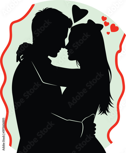 Silhouetted couple embracing with hearts romantic affectionate illustration
