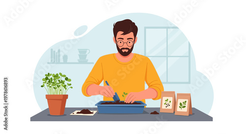 Man plants seeds in pot at home during the day while preparing soil and checking seed packets on the table