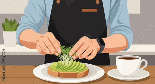 Making avocado toast with fresh sprouts in a kitchen setting during the morning hours