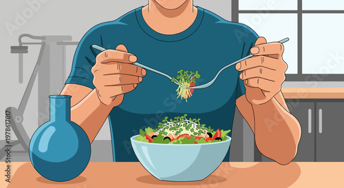Man eats salad in a kitchen while sitting at a table at home during the daytime