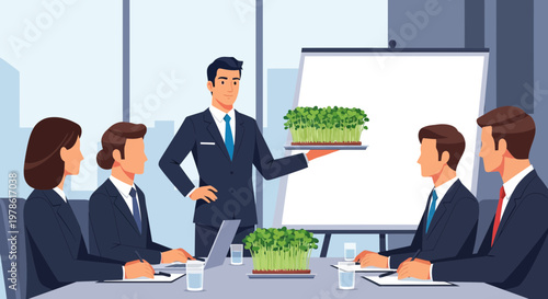 Meeting highlights presentation on hydroponic plants in a modern office setting with four attendees listening