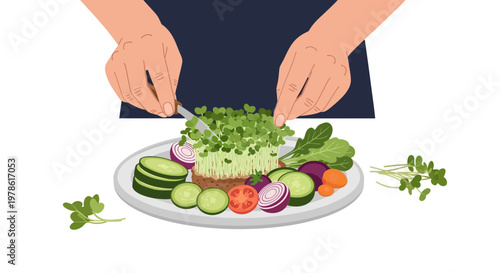 Hands prepare fresh vegetables and microgreens on a plate at a kitchen counter