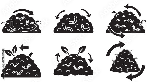 Minimalist black and white vector icons illustrating the vermicomposting process, showing organic waste, earthworms, and arrows for decomposition and nutrient cycling, isolated on white background.