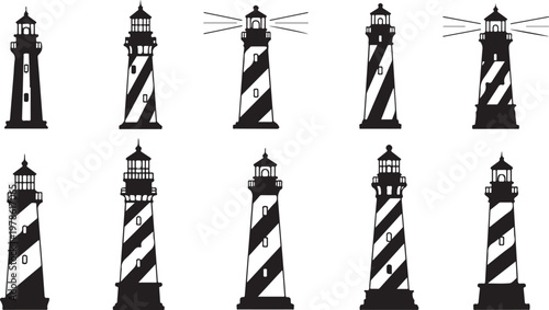 Black and white lighthouse silhouettes in various styles