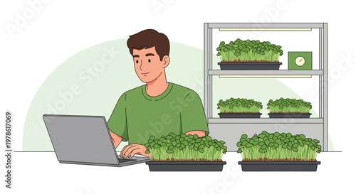 Young man working on laptop surrounded by growing plants in indoor garden setup