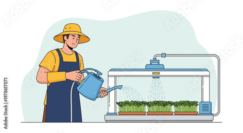 Gardener waters plants in a small indoor garden with a watering can and a simple irrigation system at home