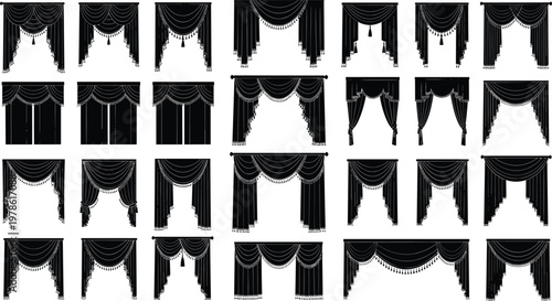 Black silhouette vector illustrations of curtains, drapery, valances, swags, cascades, and tiebacks in decorative window treatment design styles