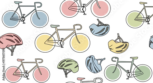 Bicycles and helmets in colorful illustration.