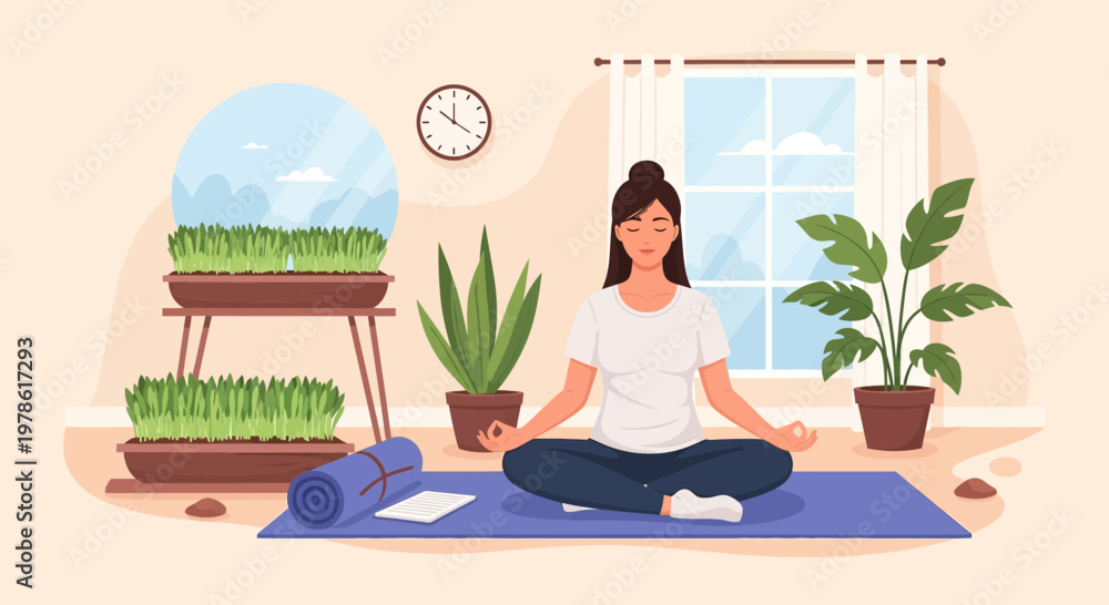 Obraz premium Woman practices yoga indoors with plants and a clock in the background during daytime at home