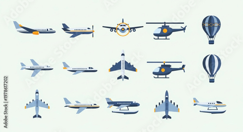 Collection of various aircraft and hot air balloons.