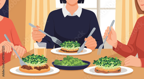 Friends enjoy lunch together at a table with plates of salad and main dishes while sharing drinks and conversation