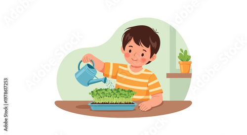 Child waters plants in a tray while sitting at a table indoors during daytime