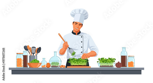 Chef prepares salad in kitchen with fresh ingredients and kitchen tools at work station during daytime