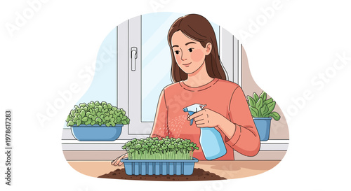 Woman waters plants indoors while tending to seedlings on a table near a window in a home setting