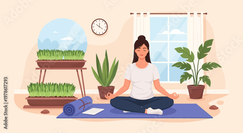 Woman practices yoga indoors with plants and a clock in the background during daytime at home