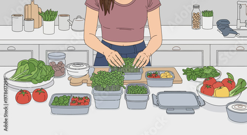 Cooking with fresh vegetables in a kitchen while preparing healthy meals and organizing food containers at midday