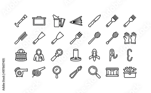 Beekeeping tools with hive tools, smokers, brushes, uncapping knives, and maintenance equipment for apiary work clean monoline