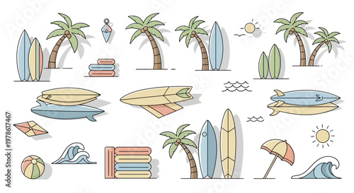 Surfboards and beach items illustration.
