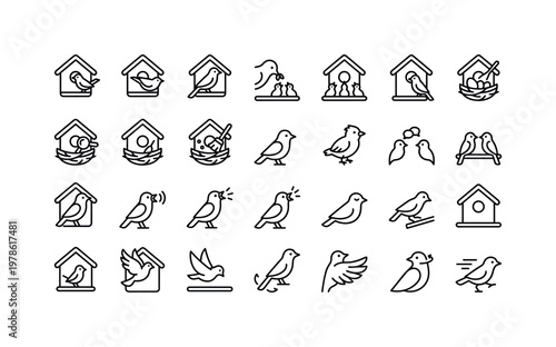 Birdhouse usage with nesting, perching, feeding, guarding, inspecting, and socializing behaviors clean monoline outline icon set