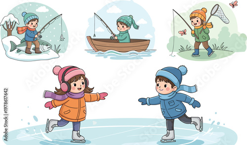 Kids Winter Activities Collection with Ice Skating, Fishing, Boating and Outdoor Adventure Illustration Design
