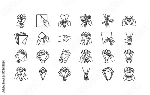 Bouquet packaging with cellophane wraps, kraft paper, tissue paper, decorative sleeves, and ribboned wraps for floral arrangements