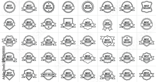 Best seller badge outline set with ribbon banners and retro seal shapes minimal label collection for marketing branding and product promotion vector illustration