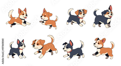 Collection set flat style vector illustration of cute dogs in various poses, playful puppy characters, pet animals isolated, friendly domestic canine design