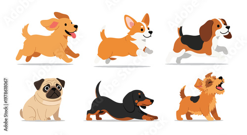 Collection set flat style vector illustration of cute dogs in various poses, playful puppy characters, pet animals isolated, friendly domestic canine design
