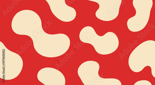 A vibrant red background features irregular beige shapes in an abstract illustration.