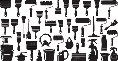 Collection of various cleaning tools and equipment icons