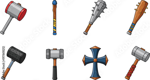 Hammer and Medieval Weapon Vector Set with Mallet Club Mace and Cross Symbol in Different Styles for Game Design Fantasy and Tool Illustration
