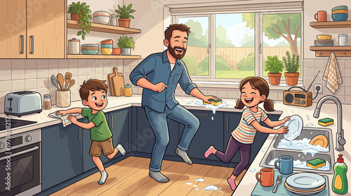 A father and his two children are happily washing dishes together in a sunlit kitchen, creating a moment of family bonding and chore completion