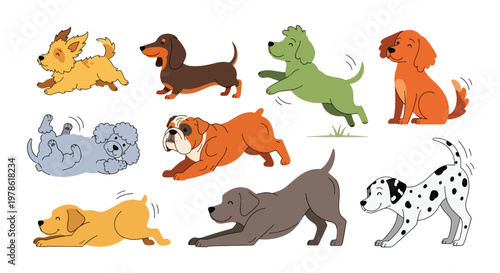 Collection set flat style vector illustration of cute dogs in various poses, playful puppy characters, pet animals isolated, friendly domestic canine design