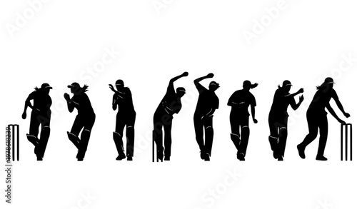 Female cricket player bowling silhouettes set with dynamic motion poses isolated on white background vector