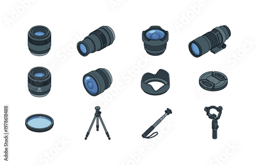 Collection of isometric camera lenses and accessories for photography