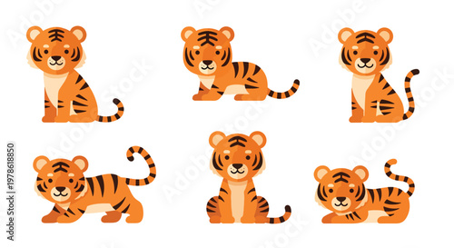 Collection set flat style vector illustration of tigers in different poses, wild animals isolated, jungle predator characters, strong feline wildlife design