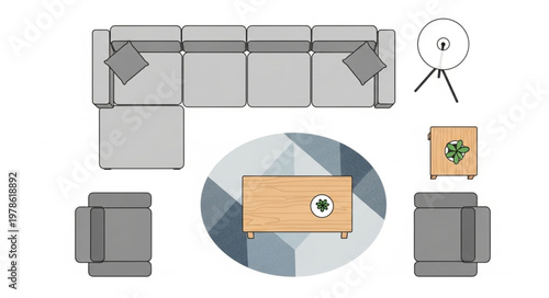 Top View of Modern Living Room Furniture Arrangement.