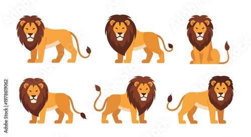 Collection set flat style vector illustration of lions in various poses, wild animals isolated, king of jungle concept, strong feline characters design