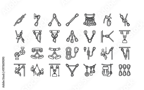 Carabiner and sling usage with climbing setups safety systems gear attachment and outdoor rigging scenarios clean monoline outline