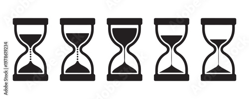 Sequence of black hourglass icons showing sand flow stages from top to bottom for loading and wait animations.